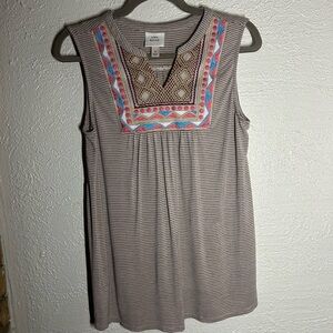 Knox Rose Taupe Striped Tank with Embroidered Yoke